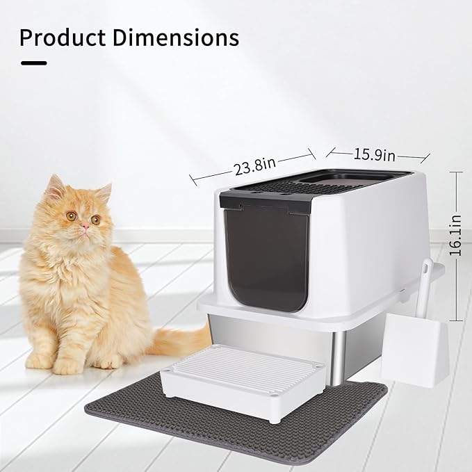 RIZZARI Stainless Steel Cat Litter Box, Odorless Enclosed Litter Box with Top Holes, Large Litter Pan for Small to Large Sized Cats (Black, 23.8" L*15.9" W*16.1" H)-Mewly Pet