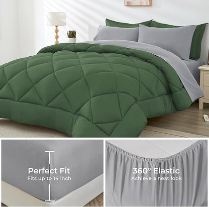 HEVUMYI Full Comforter Set - 7-Piece All Season Bed in a Bag Full, Ultra Soft Bedding Set with Comforter, Flat Sheet, Fitted Sheet, Pillowcases, Pillow Shams, Green & Light Grey