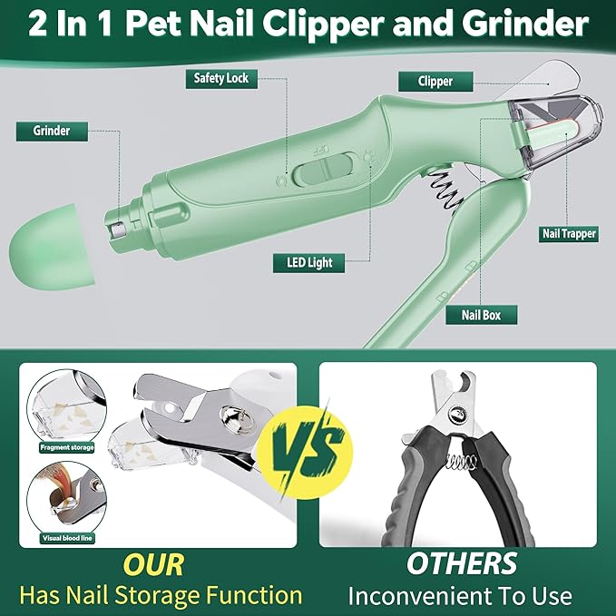 Dog Nail Clippers & Cat Nail Clipper with Catcher, 2 in 1 Dog Nail Trimmers & Grinder with Light for Large Small Dogs Cats,Silent Groom Pro Claw Trimmer, Rechargeable Dogs Nails Grinder Quiet-Mewly Pet
