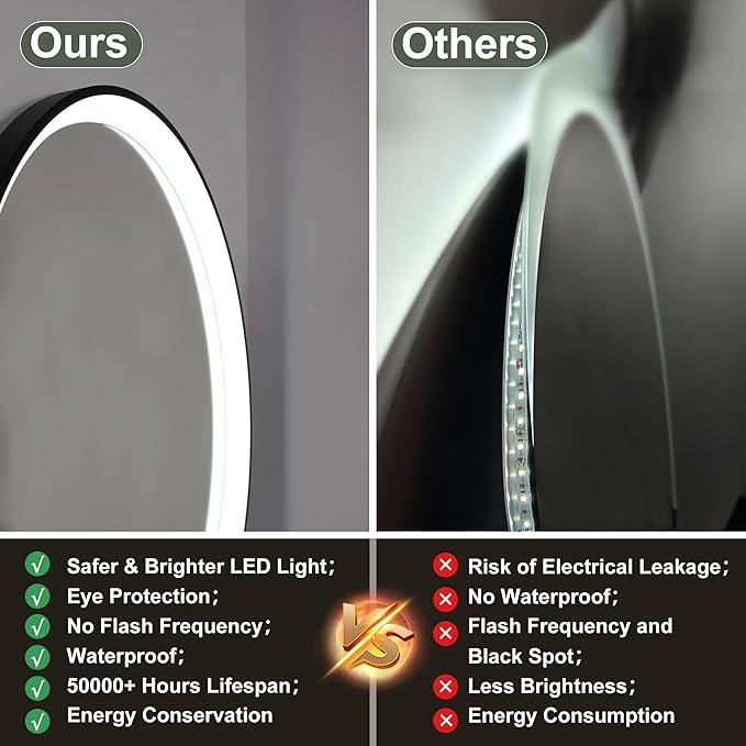 S'bagno 24 Inch LED-Bathroom-Mirror-with-Black-Frame, Lighted-Bathroom-Mirror-Brightness-Dimmable, Anti-Fog, 3 Lights Colors, Wall-Mounted-LED-Mirror-for-Bathroom with Smart Touch Button