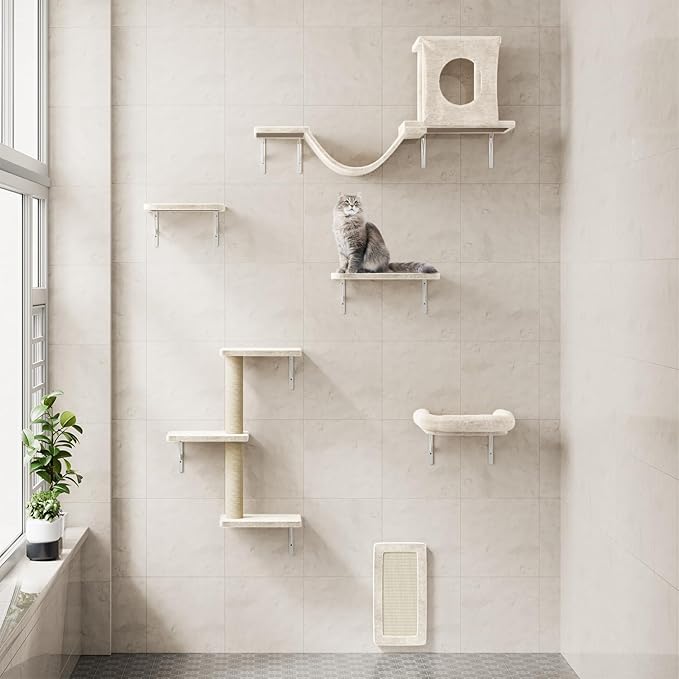 NUNU LAB Cat Wall Shelves, 6 Pcs Luxury Wall-Mounted Cat Climber Set, Indoor Cat Furniture with 1 Condos House, 2 Cat Wall Shelves, 1 Scratching, 1 Bridge Ladder, 1 Scratching Pad, White