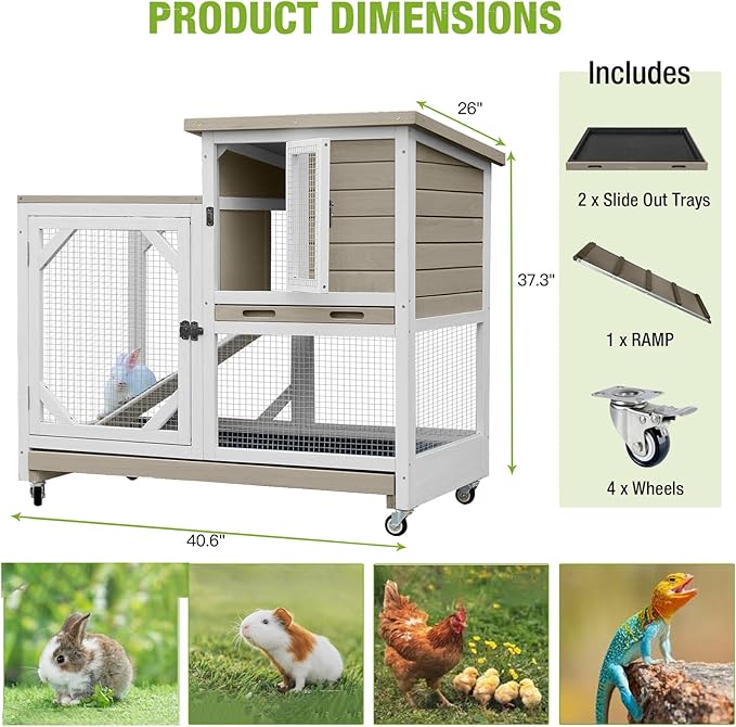 GUTINNEEN 2-Story Rabbit Hutch with Chew-Proof Ramp & Pull-Out Trays - Indoor/Outdoor 39.3" Wooden Rabbit Cage on Wheels for Rabbits, Guinea Pigs (Light Brown)-Mewly Pet