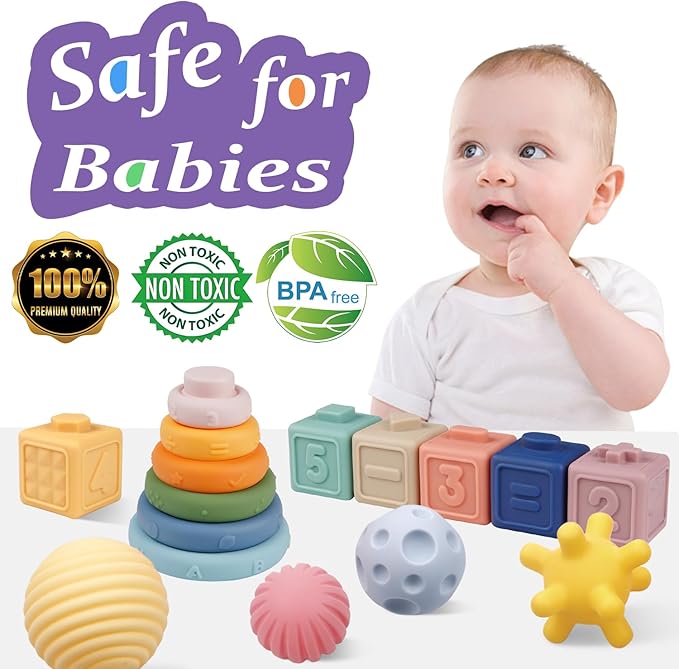 Montessori Toys for Babies,Soft Stacking Building Blocks Rings Balls Sets,3 in 1 Baby Toy Bundle,Sensory Toy for 6-12 Months, Soft Teething Toys for Babies,Baby Gifts for Boy Girl-Mewly Pet