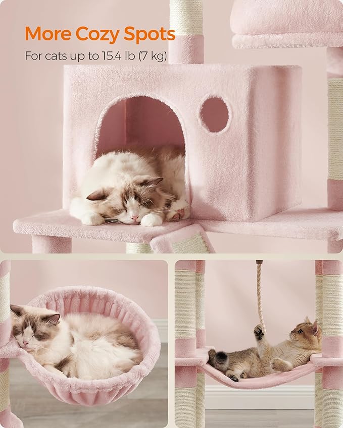 Feandrea Cat Tree, 81.1-Inch Large Cat Tower with 13 Scratching Posts, 2 Perches, 2 Caves, Basket, Hammock, Pompoms, Multi-Level Plush Cat Condo for Indoor Cats, Jelly Pink UPCT190P01-Mewly Pet
