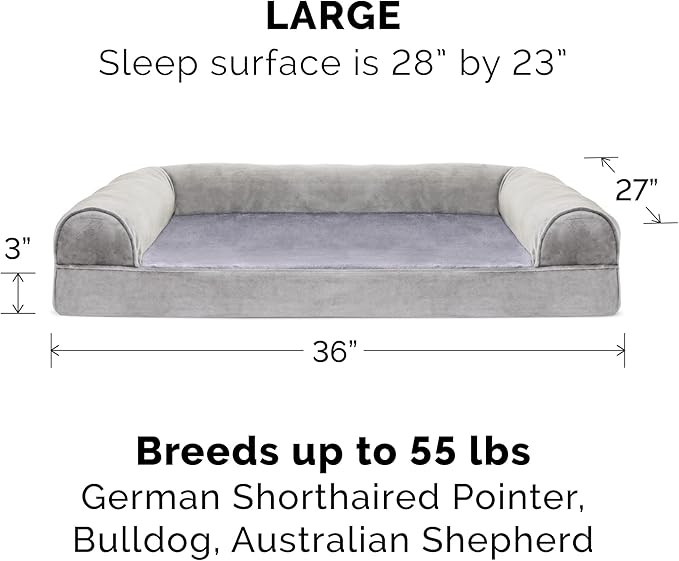 Furhaven Cooling Gel Dog Bed for Large/Medium Dogs w/ Removable Bolsters & Washable Cover, For Dogs Up to 55 lbs - Faux Fur & Velvet Sofa - Smoke Gray, Large-Mewly Pet