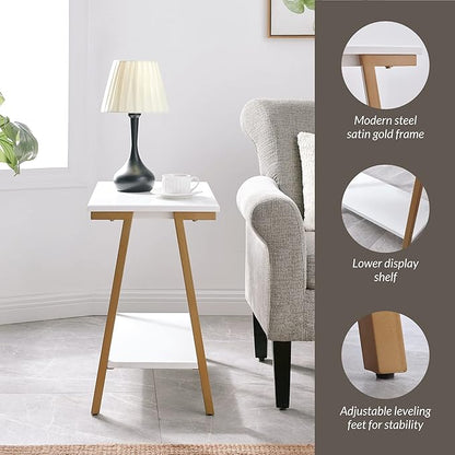 Leick Home 214312 Empiria Narrow Side Table with Shelf and Metal Frame, Wood End Table for Living Room Bedroom, White