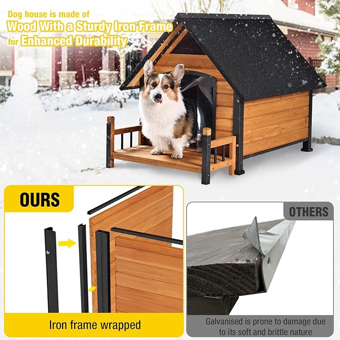 AIVITUVIN Outdoor Dog House Insulated Liner with Anti-Chewing Iron Surround Dog Kennel Dog Shelter Weatherproof (Brown, 45" D x 32.9" W x 32.6" H)-Mewly Pet