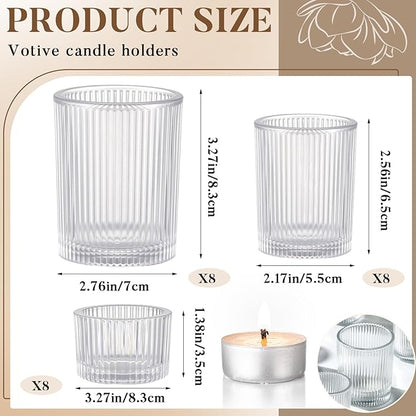 Mumufy 24 Pcs Assorted Votive Candle Holders Ribbed Glass Tealight Candle Holder Bulk for Table Centerpiece, Baby Shower, Home and Wedding Party Decoration (Clear)