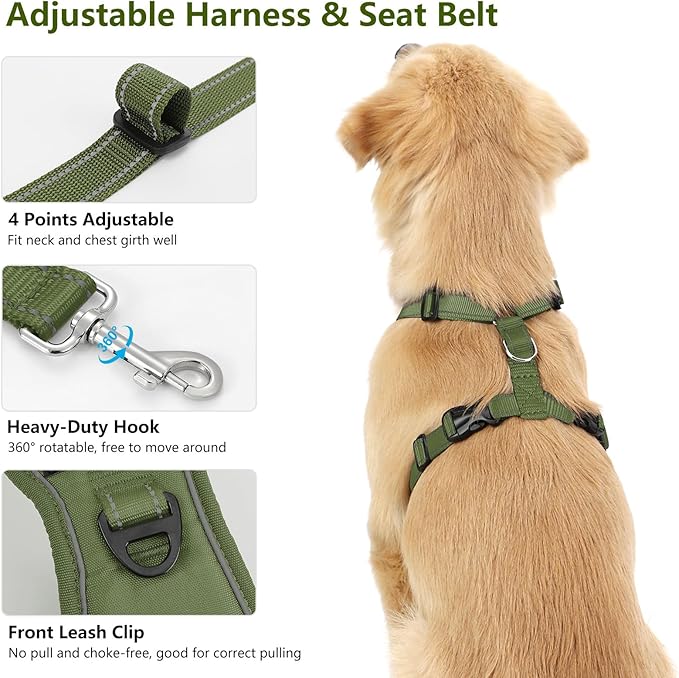 Dog Seat Belt Harness for Car, Dog Car Harness Adjustable Mesh Breathable & Dogs Seatbelt Safety Tether with Elastic Bungee for Small Medium Large Pets(Army Green, XL)-Mewly Pet