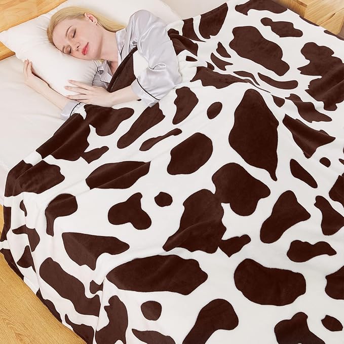 Richave Fleece Cow Print Blanket for All Season - Premium Lightweight Anti-Static Brown and Ivory Queen/Full Size Blankets, Bedroom Decor 90" x 90"(Brown Cow)