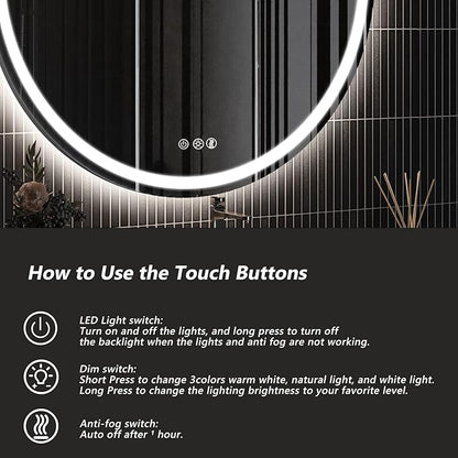 ROOMTEC 24 Inches LED Bathroom Mirror with Front and Backlit,Anti-Fog,3 Colors and Dimmable Light(ETL/UL Certification)