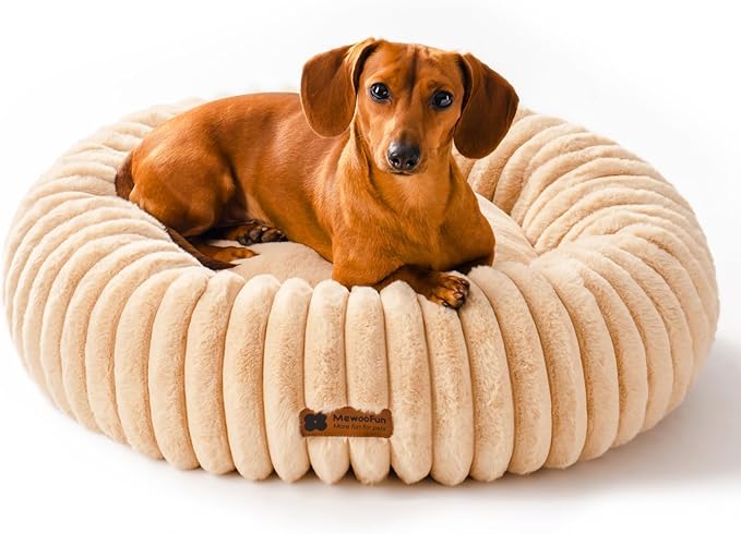 MEWOOFUN Donut Dog Beds for Small Dog, Calming Bed Round Cute Puppy Bed with Non-Slip Bottom, Fluffy Washable Pet Bed for Puppy and Kitten (Light Brown, S (25x25x7))-Mewly Pet