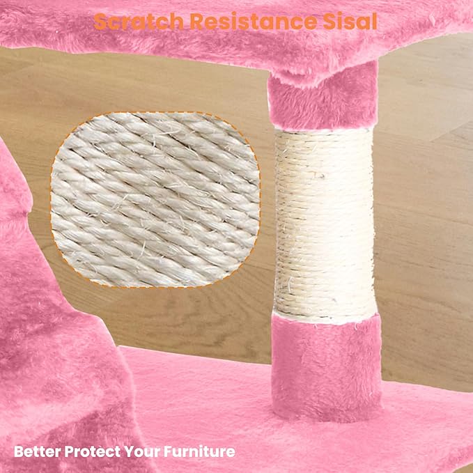 54.7 inches Cat Tower for Indoor Cats, Multi-Level Cat Condos with Scratching Posts, Hanging Toys, Pink-Mewly Pet