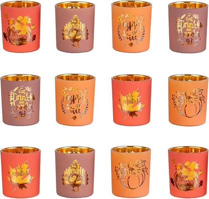 Hewory Thanksgiving Votive Candle Holders: Fall Glass Tea Light Candle Holder Set of 12, Thanksgiving Table Decorations Centerpieces for Dinner Table Fireplace Mantle Fall Decorations for Home Party