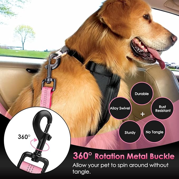 SlowTon Dog Seat Belt, Adjustable Dog Safety Belt Leash, 2 in 1 Latch Bar Attachment Dog Car Seatbelt with Elastic Nylon Bungee Buffer, Reflective Nylon Belt Tether(Pink,35.5in)-Mewly Pet