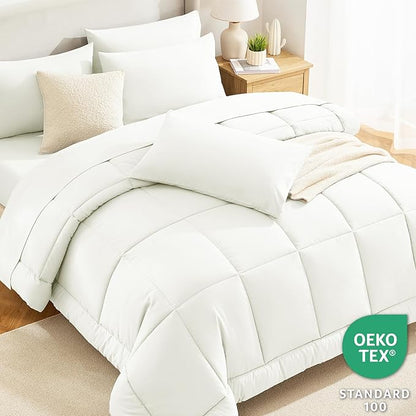 CozyLux Queen Size Comforter Set Ivory - 7 Pieces Bed in a Bag, Cream Off White Comforter Queen Size, Bedding Sets with All Season Quilted Comforter, Flat Sheet, Fitted Sheet, Pillowcases