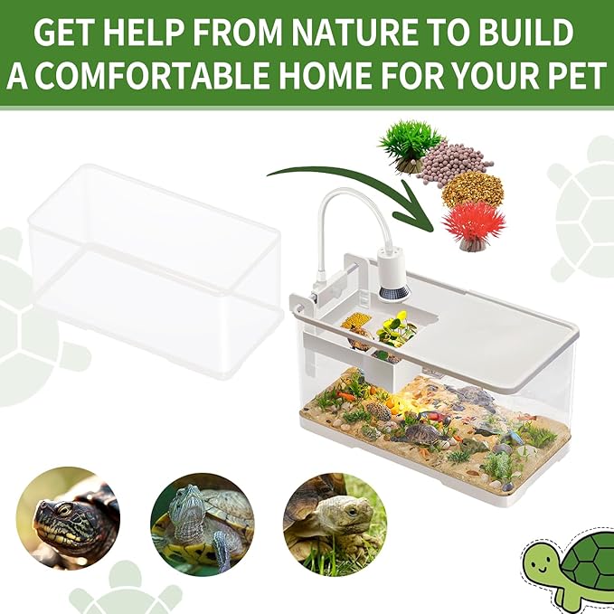 (Tank + Light + Filter + Filter Balls) Turtle Tank Kit, Turtle Tank Starter Kit,Bottom Drainage, Multi-Function Areas for Turtles, Crabs,Fishes, Amphibians,Reptiles. (15.75 x 8.64 x 8.64 Inch)-Mewly Pet