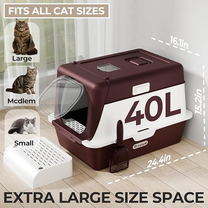 XX-Large Stainless Steel Cat Litter Box with Lid – Fully Enclosed Large Litter Box for Big Cats, Odor Control with Magnetic Door, Easy Clean, Multi-Cat Durable Metal Pan (Burgundy)-Mewly Pet