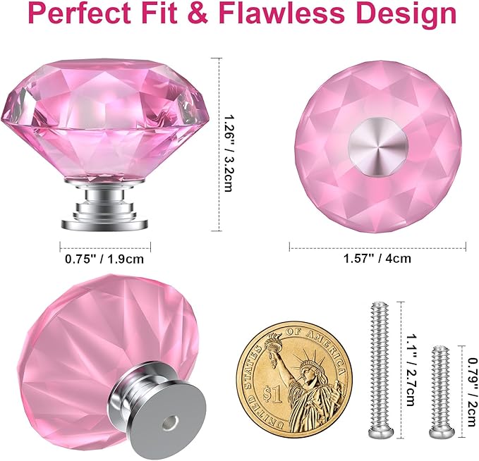 POZEAN Crystal Drawer Knobs 30 Pack, 1.57 inch Glass Knobs for Cabinet, Dresser with Two Different Sizes Screws, Diamond Pulls Handles (40mm, 30Pack, Pink-Silver)
