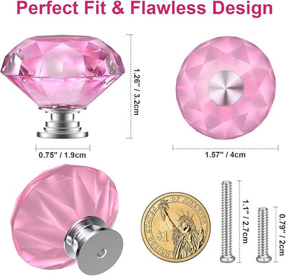 POZEAN Crystal Drawer Knobs 30 Pack, 1.57 inch Glass Knobs for Cabinet, Dresser with Two Different Sizes Screws, Diamond Pulls Handles (40mm, 30Pack, Pink-Silver)
