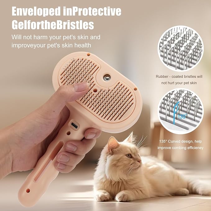 3-in-1 Pet Steam Brush, Grooming Comb with Water Tank for Cats and Dogs, Long and Short Hair (Pink)-Mewly Pet