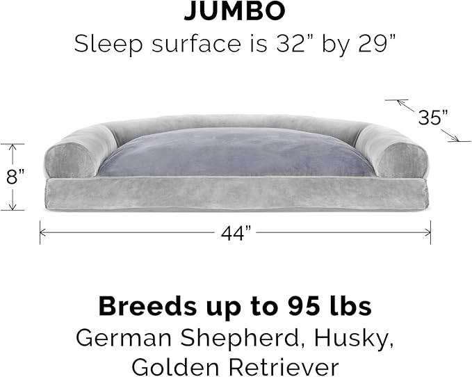 Furhaven Pillow Dog Bed for Large Dogs w/ Removable Bolsters & Washable Cover - Faux Fur & Velvet Sofa - Smoke Gray, Jumbo/XL-Mewly Pet
