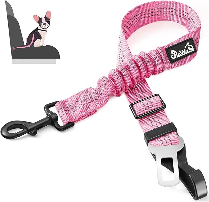 SlowTon Dog Seat Belt, Adjustable Dog Safety Belt Leash, 2 in 1 Latch Bar Attachment Dog Car Seatbelt with Elastic Nylon Bungee Buffer, Reflective Nylon Belt Tether Connect to Dog Harness (Pink)-Mewly Pet