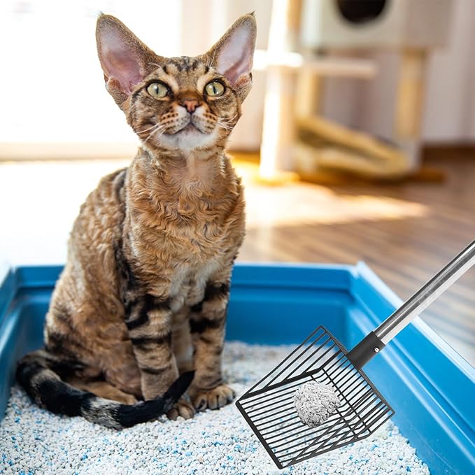 PUPTECK Fast Sifting Cat Litter Scoop - Long Handle Chicken Poop Scooper with Deep Shovel, Heavy Duty & Non-Stick Kitty Metal Litter Sifter, Chicken Coop Accessories-Mewly Pet