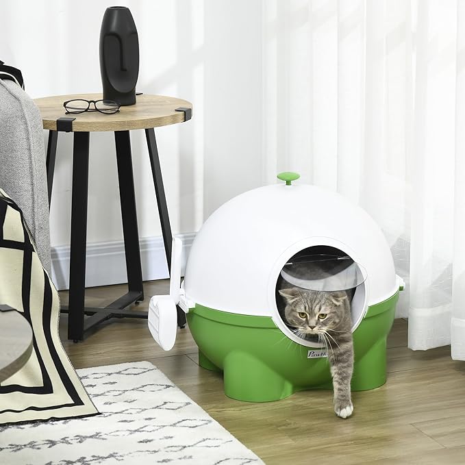 PawHut Hooded Cat Litter Box, Large Kitty Litter Pan with Lid, Scoop, Leaking Sand Pedal, Top Handle, Dark Green-Mewly Pet