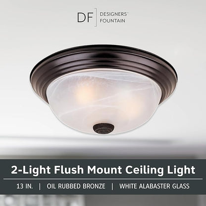 Designers Fountain 13 inch, Modern 2-Light Flush Mount Ceiling Light Fixture, Alabaster Glass Shade, for Bedroom, Hallway, Indoor Room Lighting, Durable Steel, Easy Install, Bronze, 1257M-ORB-AL