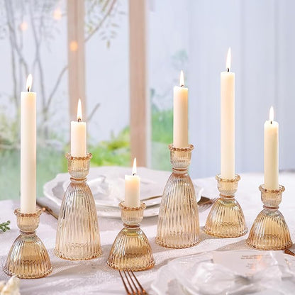 LAMORGIFT Gold Candlestick Holders Set of 6-4pcs 3.5"& 2pcs 6" Assorted Taper Candle Holder Centerpieces for Wedding, Ribbed Glass Candle Holders Bulk for Party Table Decor, Modern Home Decor
