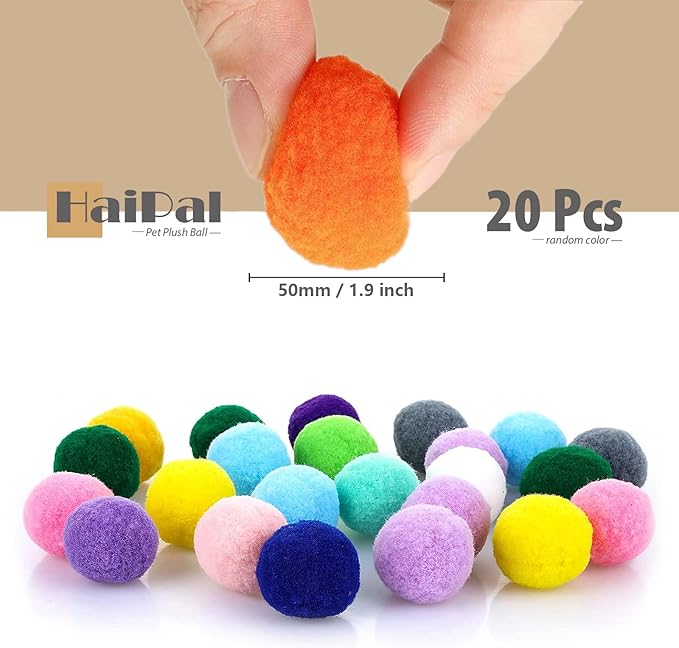 Cat Toy Balls, 20Pcs Premium Soft Pom Pom Balls for Kittens, 1,9'' Funny Interactive Cat Pompom Toys for Bored Indoor Cats Playing Plush Balls for Craft DIY Decorations, Cute Kitten Kitty Toys.-Mewly Pet