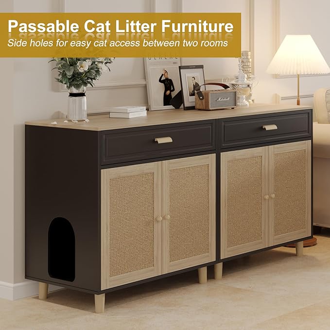 Cat Litter Box Enclosure Furniture Hidden - Indoor 2-in-1 Wooden Cat House & Washroom Cabinet with Scratching Board Doors and Drawer, 31.5”x21.6”x34.6”, Black-Mewly Pet