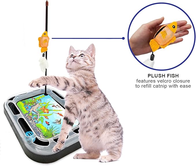 Cat Scratching Toy with Scratcher Board and Fish Aquarium Design, Fun and Exciting Catnip Cat Toy, Floppy Fish Toy with Feathers and Catnip Included-Mewly Pet