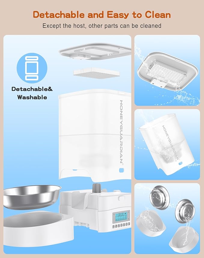 HoneyGuaridan Automatic Cat Feeder for Two,3.5L Cat Food Dispenser with Stainless Steel Bowl,Timed Feeder Programmable 1-6 Meals Control, Dual Power Supply,Desiccant Bag,10s Meal Call-Mewly Pet