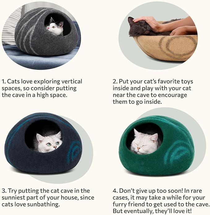 MEOWFIA Cat Cave – Premium Felt Cat Bed for Indoor Cats, Handmade 100% Merino Wool (Large, Dark Grey)-Mewly Pet