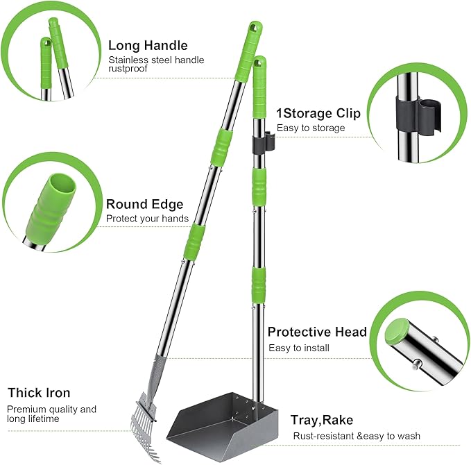 Niubya Pooper Scooper for Dogs, Metal Poop Scooper Tray and Rake Set with Adjustable Long Handle, Dog Pooper Scooper for Pet Waste Removal-Mewly Pet