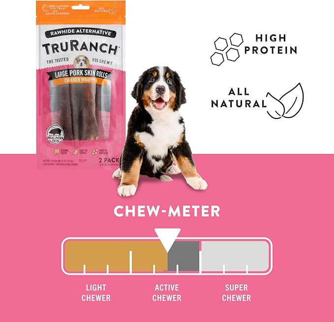 Large Pork Skin Rolls - Chicken-Wrapped Jerky Collagen Rolls - Collagen Chews for Dogs - Real Pork Skin - Rawhide Alternative - Easy to Digest Treat, 1 Bag, 2 Count-Mewly Pet