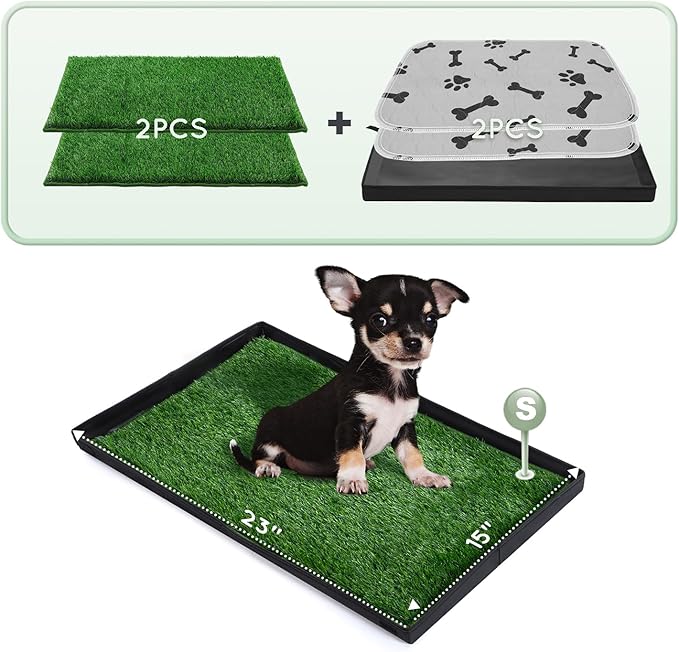 Dog Grass Pad with Foldable Dog Litter Box,Small Liner Base for Balcony，Ultra-Absorbent Artificial Grass Pads for Dogs Pee Pad Holder, Potty Training, 2 PCS Reusable Pee Pads-Mewly Pet