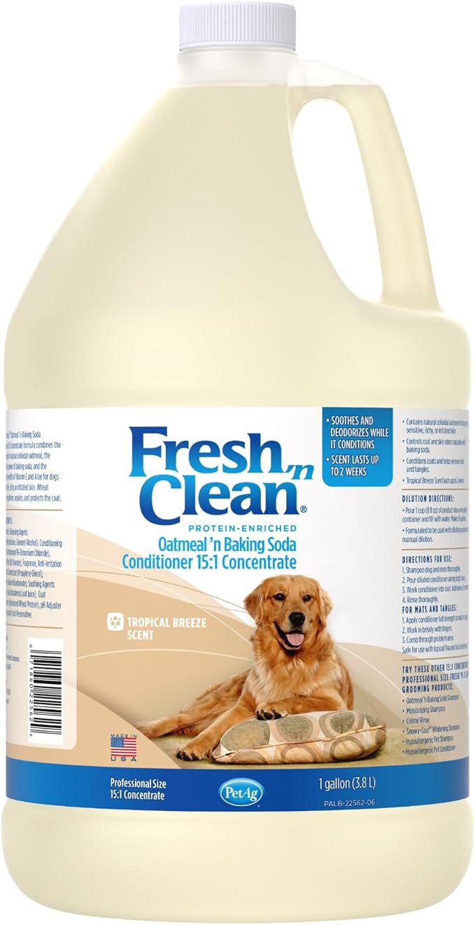 Pet-Ag Fresh ’n Clean Oatmeal ’n Baking Soda Conditioner, Tropical Breeze Scent (15:1 Concentrate) - 1 Gallon - Gently Cleans, Soothes & Deodorizes Dogs with Vitamin E & Aloe Vera - Soap Free-Mewly Pet
