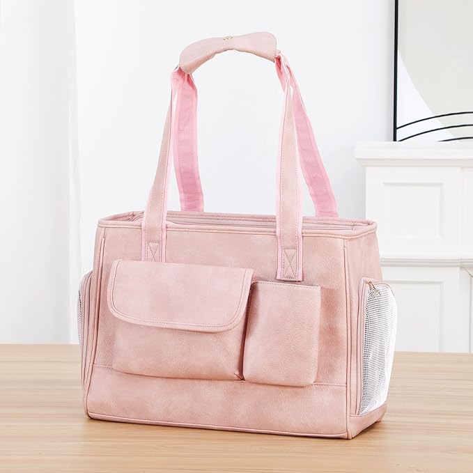 Dog Carrier Purse, Fashion Leather Pet Carrier Bag, Airline Approved Soft Sided Cat Travel Tote Bag with Pockets Pink-Mewly Pet