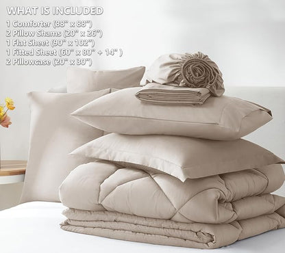 CozyLux Queen Comforter Set Linen - Bed in a Bag Queen Size 7 Pieces, Luxury Soft Bed Set for All Seasons, Bedding Set with Down Alternative Comforter, Sheets, Pillowcases & Shams