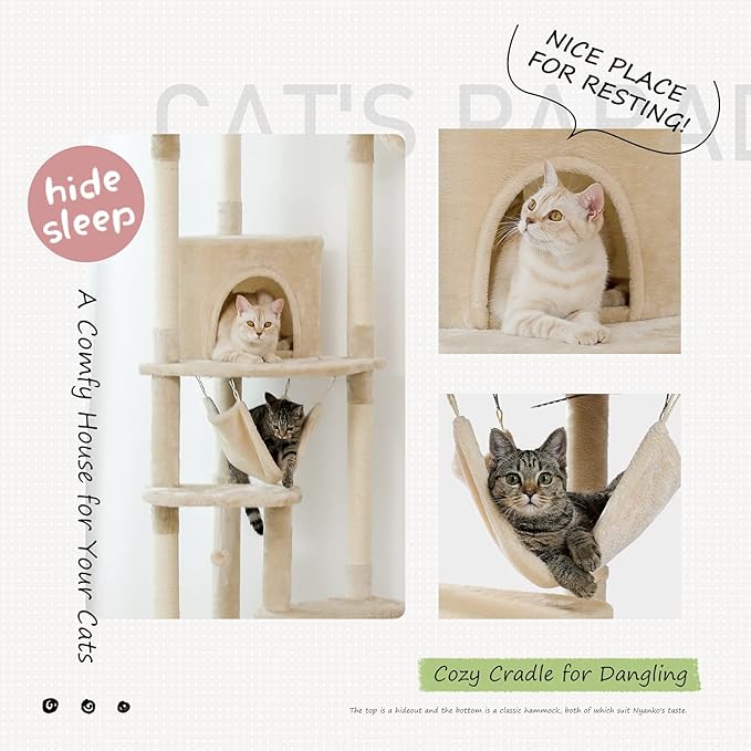 PEQULTI Floor to Ceiling Cat Tree 92.9’’-101.6’’ Height Adjustable Cat Tower Tall Kitty Climbing Play House with Scratching Posts, Cozy Condo, Perches and Large Hammock for Indoor Cats Beige-Mewly Pet
