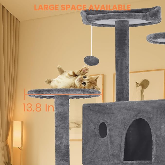 54.7 Inches Cat Tower for Indoor Cats, Multi-Level Cat Condos with Scratching Posts, Hanging Toys, Light Gray-Mewly Pet