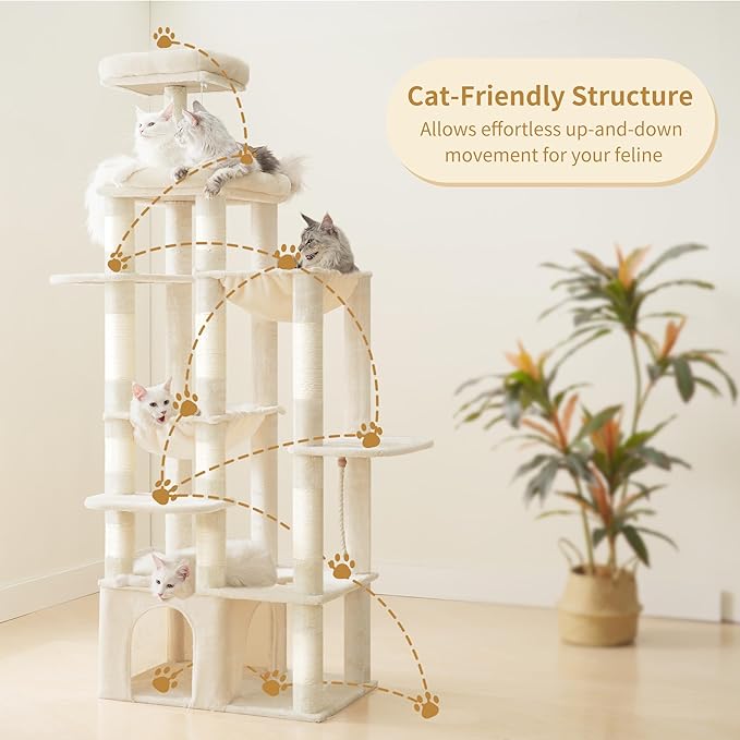 Heybly Heavy Duty Cat Tree, 71-Inch Tall Tower for Large Maine Coon with Extra-Large Baseboard, Cat Condo Furniture with Multi-Level Platforms, 2 Hammocks and 12 Scratching Posts, Beige HCT037M-Mewly Pet