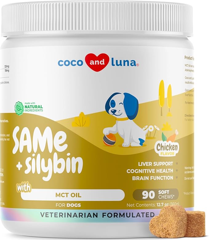 Same and Silybin for Dogs - S-Adenosyl-L-Methionine - 90 Soft Chews - Liver Supplements - Brain Health, Promotes Cognitive and Liver Support-Mewly Pet