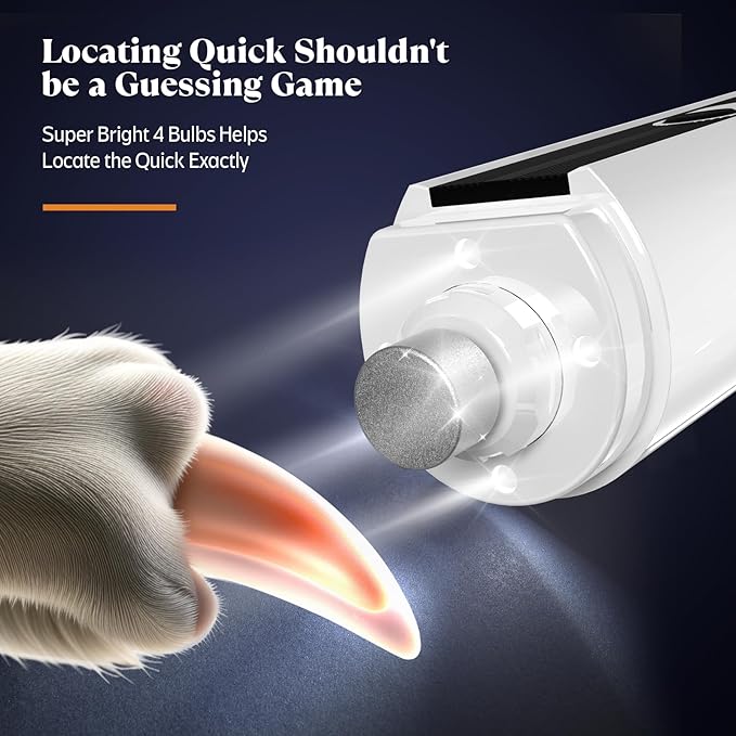 YABIFE 4-Lights Dog Nail Grinder, Easy Quick Locate Dog Nail Trimmers, for Puppy Paw Toenails or Pets from Small, Medium to Large, with Travel Lock, Whisper Quiet, Heavy Duty 3 Speeds-Mewly Pet