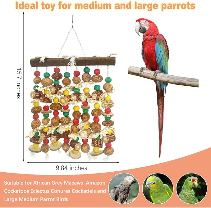 PINVNBY Large Parrot Toys Natural Nuts Corn Cob Wooden Chewing Tearing Toy for African Grey Macaws Amazon Cockatoos Eclectus Conures Cockatiels Cockatoo and Large Medium Parrot Birds (Colorful)-Mewly Pet