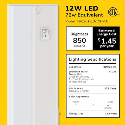 GETINLIGHT 24-inch Hardwired Only LED Under Cabinet Lighting, Daylight White(5000k), Dimmable, Matte White Finished, ETL Listed, IN-0201-13-WH-50