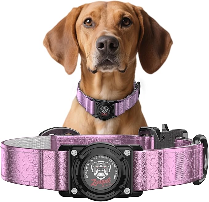 AirTag Dog Collar - Leather Dog Collar with Airtag Holder | IP68 Waterproof AirTag Holder with Metal Buckle, Comfortable GPS Dog Collars Tracker for Medium Large Dogs (Rose Gold, L)-Mewly Pet